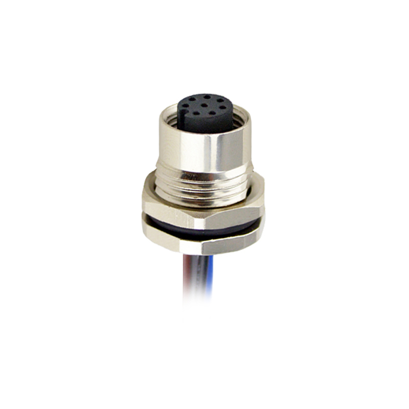 M12 8pins A code female straight front panel mount connector PG9 thread,unshielded,single wires,brass with nickel plated shell